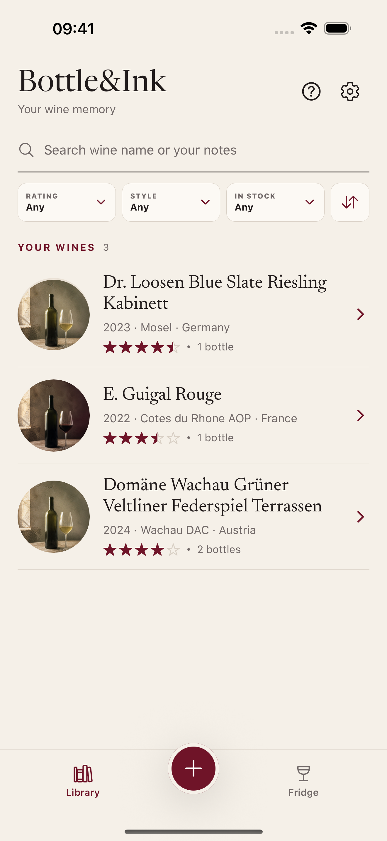 Bottle&Ink library with three sample wines, personal ratings, filters and bottle counts.